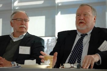 Rep. Peter Kocot speaks during an MMA Legislative Breakfast Meeting held on March 3 in Greenfield, as Rep. Stephen Kulik listens.