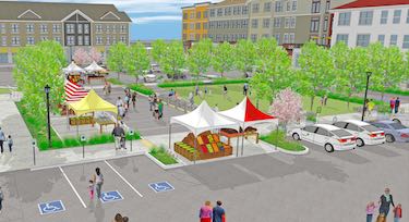 Artist rendering of the North Square at the Mill District mixed use project in Amherst