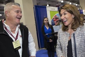 Lt. Gov. Polito talks with exhibitors at the MMA Annual Meeting and Trade show