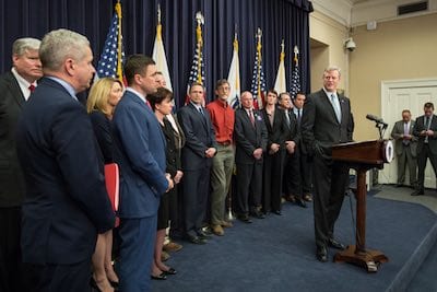 Gov. Baker speaks at press event for filing delegation bill. Photo courtesy Governor's Office Gov. Baker announces legislation to obtain authority over NPDES water program.