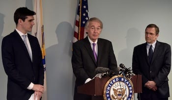U.S. Sen. Ed Markey (center) holds press conference about the president’s infrastructure plan with Transportation for Massachusetts Director Chris Dempsey (left) and MMA Executive Director Geoff Beckwith.