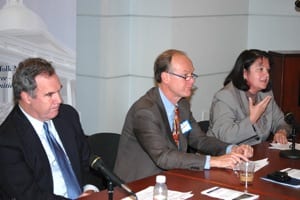 Panelists were (l-r) Lowell City Manager Bernard Lynch, Danvers Town Manager Wayne Marquis, and Sudbury Town Manager Maureen Valente.
