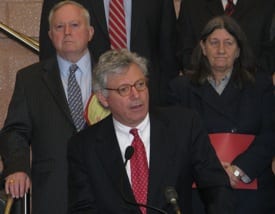 New Bedford Mayor Scott Lang, president of the Massachusetts Mayorsâ Association, calls for passage of the Houseâs municipal health insurance reform proposal.