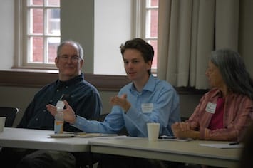 Montague Finance Committee member Michael Naughton, incoming Rep. Solomon Goldstein-Rose of Amherst, and Wilbraham Select Board Chair Susan Bunnell in Amherst. Rep.-elect Solomon Goldstein-Rose attends fall legislative breakfast