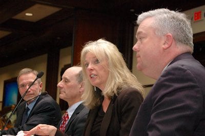 MMA Executive Director Geoff Beckwith, attorney John Goldrosen, Auburn Town Manager Julie Jacobson and Melrose Mayor Rob Dolan (l-r) testify before the Joint Committee on Marijuana Policy