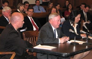 Beverly Mayor and MMA President William Scanlon speaks during a hearing on the topic of regionalization. Also pictured are (left) Swampscott Town Administrator Andrew Maylor and Salem Mayor Kim Driscoll.