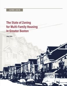 The cover of a new report on housing in Greater Boston features graphic of street of multi-family housing