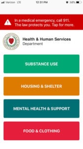 A screenshot of the app that lists Worcester resources for mental health support, housing, and substance use