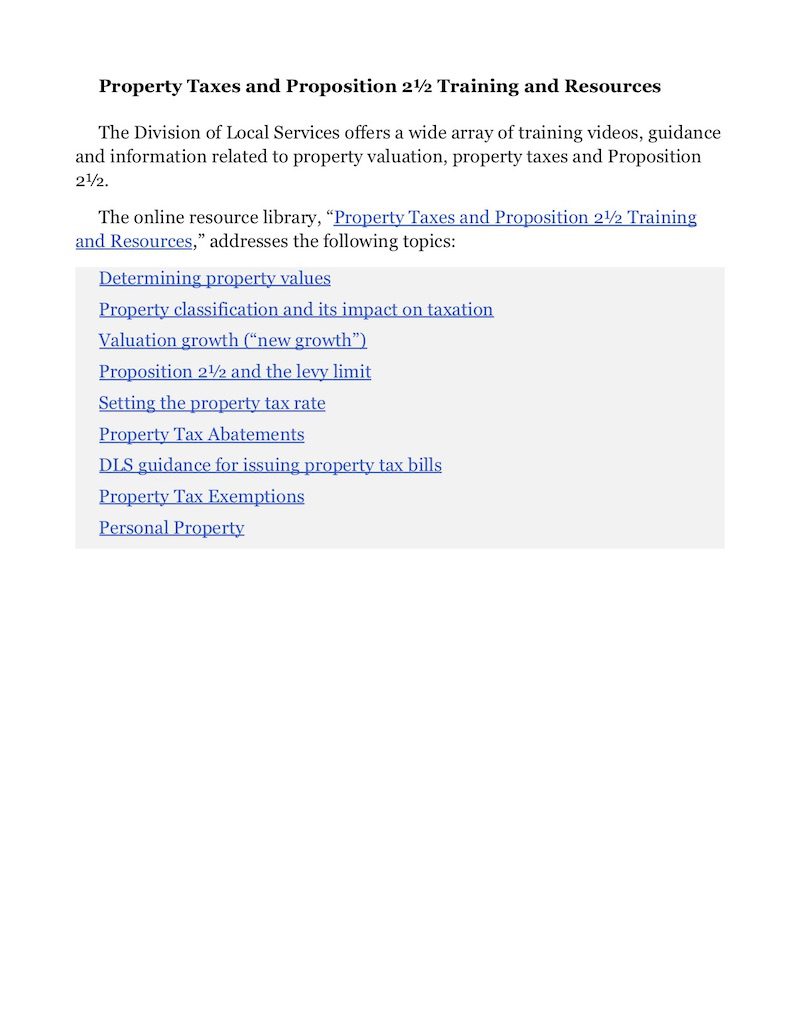 Property Taxes and Proposition 2 1⁄2 Training and Resources