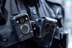 a close up of a police officer with a body-worn camera on his uniform.