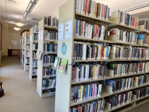 shelves of library books
